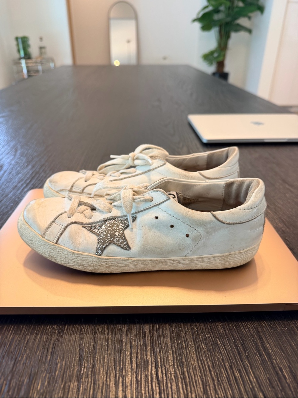 Golden Goose Kids Off-White Leather Sneakers with Silver Star